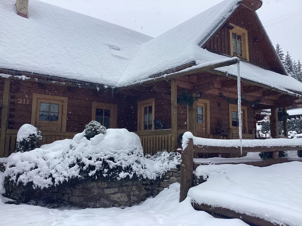 Pohľad na chatu a dvor v zime